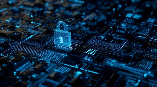 Digital Blue Padlock Icon Glowing on Futuristic Circuit Board with Neon Lights security technology
