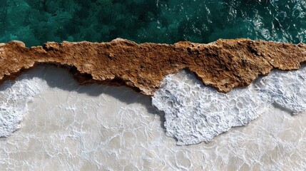 High-angle view of a rocky shoreline meeting turquoise water