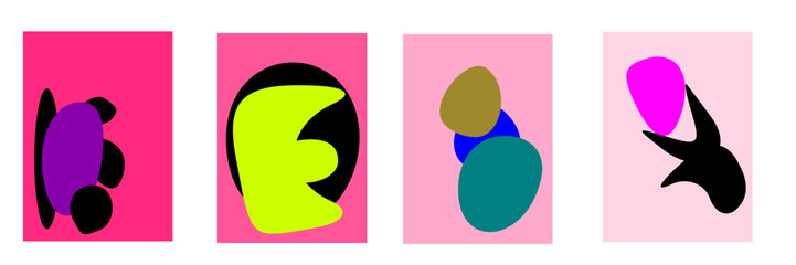 Four Abstract Modern Art Prints with Organic Shapes on Vibrant Pink Backgrounds