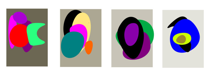 Set of Four Modern Abstract Art Posters with Overlapping Organic Colorful Shapes