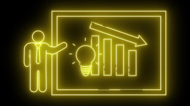 A neon yellow stick figure presents a chart showing a falling trend with a light bulb nearby