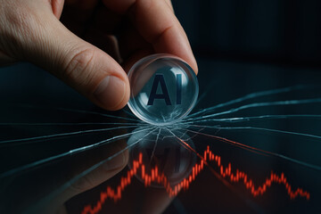 Abstract form artificial intelligence lens over market data trend showing analysis and disruption in finance
