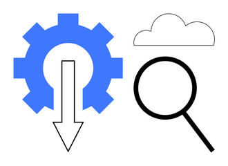 Gear with downward arrow, cloud icon, and magnifying glass representing data processing, cloud storage, research, integration, technology, innovation and automation. Ideal for digital solutions