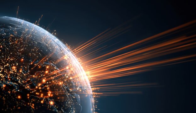 Global Connectivity: A mesmerizing depiction of planet earth enveloped in a network of digital data streams, symbolizing the interconnectedness of our world and technological advancement.
