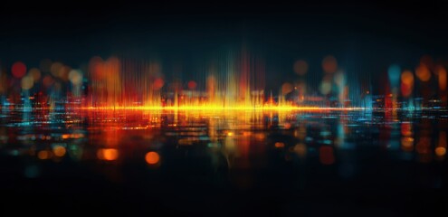 Dynamic City Pulse: A vibrant and abstract representation of a city's energy, showcasing a mesmerizing sound wave overlaying a blurred cityscape at night.
