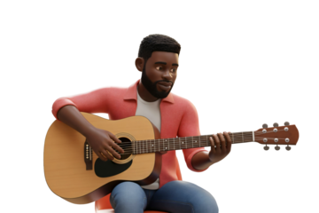 A 3D model character black man is depicted from the waist up, sitting and playing an acoustic guitar against a transparent background.