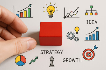 Creative concept strategy and growth with a red block representing a foundation surrounded.