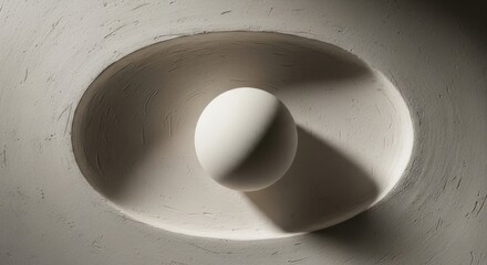 A single white sphere rests in a textured oval indentation, casting a soft shadow