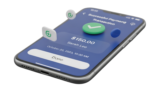 Smartphone displaying a successful payment transaction confirmation with a checkmark icon and transaction details isolated on a transparent background