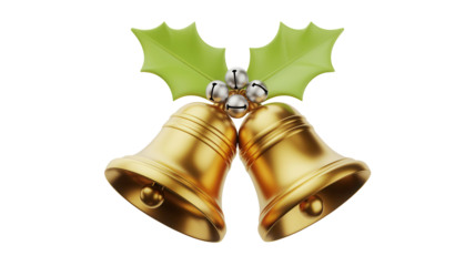Elegant golden Christmas bells with festive holly leaves and silver jingle bells capture the spirit of holiday joy and celebration