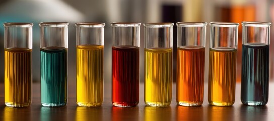 Fototapeta premium Colorful Chemical Assay: A captivating visual of vibrant liquid assays in a laboratory setting, each displaying a unique shade in glass vials.