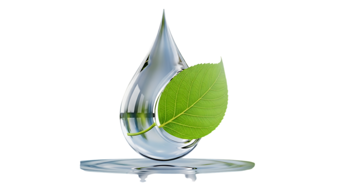Transparent Water Droplet Encasing a Green Leaf on a Reflective Surface liquid clear isolated on a transparent background