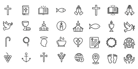 Christianity symbols icon set outline design depicting cross book fish praying hands dove church candle chalice shepherd cane angel halo rosary faith belief religion spirituality