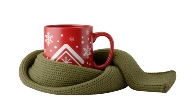 Cozy red mug with festive winter snowflakes and house design wrapped in a warm knitted olive green scarf - Powered by Adobe
