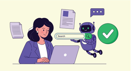AI Assistant Chatbot Helping Business Woman with Data Search and Online SEO Optimization. Artificial Intelligence Technology Vector Illustration.