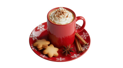 Indulge in cozy winter comfort with a steaming red mug of whipped cream topped coffee, star cookies, cinnamon sticks, and star anise on a festive snowflake saucer.