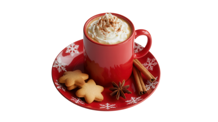 Indulge in cozy winter comfort with a steaming red mug of whipped cream topped coffee, star cookies, cinnamon sticks, and star anise on a festive snowflake saucer.