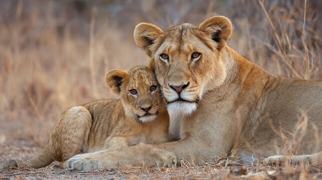 Majestic lioness and her adorable cub resting together in the dry, golden savanna grasslands, showcasing the tender bond of motherhood in the wild African landscape - Powered by Adobe