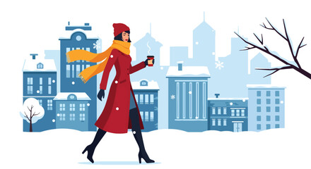 Flat vector of stylish woman walking confidently through snowy city street, holding warm coffee, wearing long coat and scarf, modern winter lifestyle scene in solid vivid colors