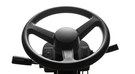 Forklift steering wheel with controls on a plain background  