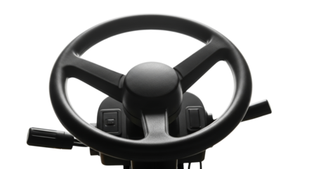 Forklift steering wheel with controls on a plain background  