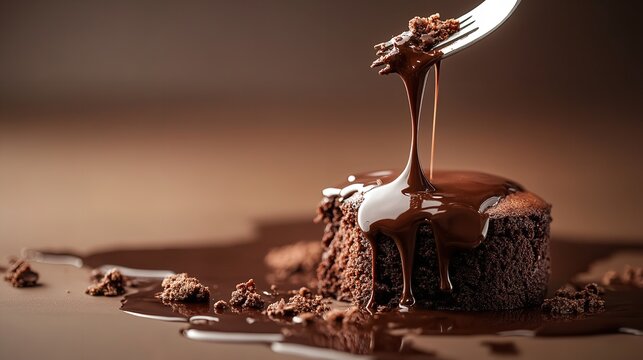 Closeup of a decadent chocolate lava cake being pierced with a fork, oozing with melted chocolate