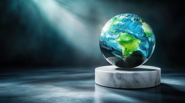 A crystal globe resting on a white marble pedestal