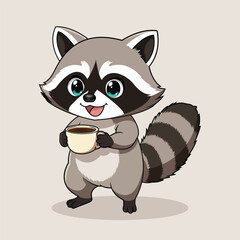 Cute and Adorable Raccoon Holding Coffee Cup Cozy Morning Animal Mascot Illustration
