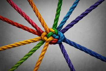 Colorful rope strands tie together into a central knot symbolizing collaboration and strong connection among partners.