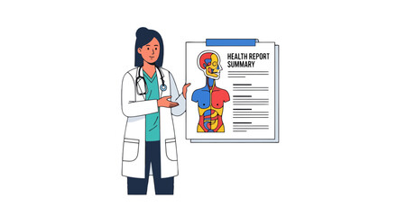 Medical Professional Presenting Health Report Summary Showing Human Anatomy Diagram
