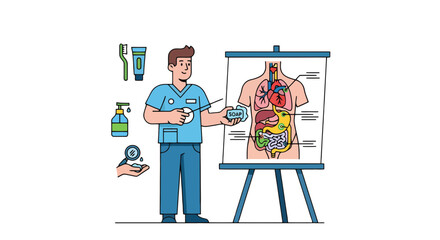 Medical Professional Presenting Human Anatomy And Hygiene, Focused On Health Education And