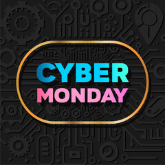 Cyber ​​Monday commercial event, Sale banner design. Annual electronics sale. Typography sign on black background with circuit board pattern. Vector illustration.
