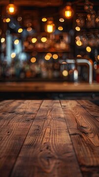 Warm and inviting wooden bar table with blurred golden lights creating a cozy atmosphere of an intimate evening venue
