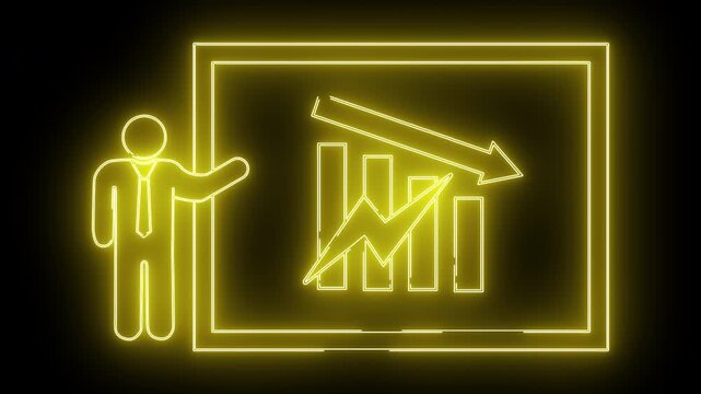 A neonoutlined figure presents a falling bar graph with a downward arrow in a dark setting