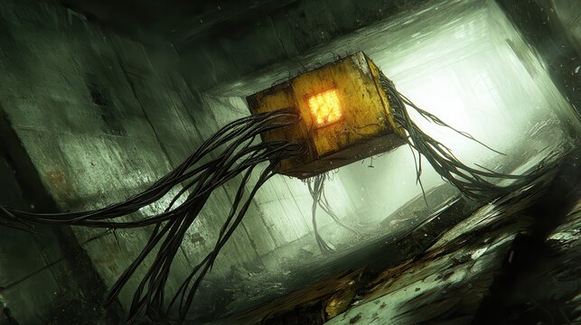 A futuristic yellow box with glowing panel and metallic cables - Powered by Adobe