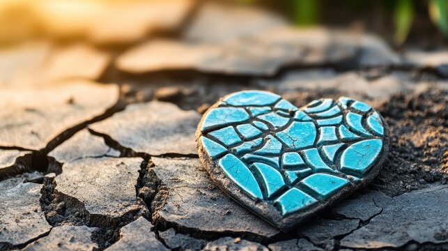 Broken blue ceramic heart tile resting on cracked ground - Powered by Adobe