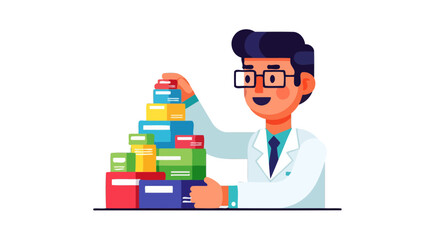 Medical Professional Carefully Assembling a Pile of Colorful Pharmaceutical Packages