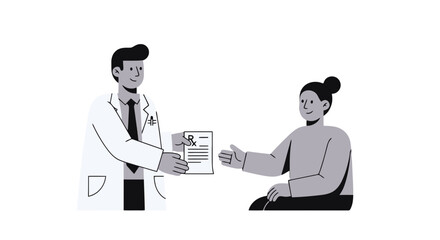 Medical Professional Dispensing Prescription To Smiling Patient In Minimalist Illustration