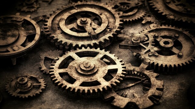 Close up of intricate antique clockwork gears and mechanical parts