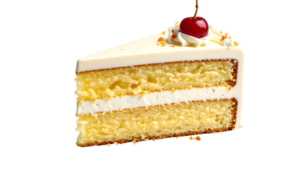 Cake slice, three-layer, white frosting, cherry, appetizing
