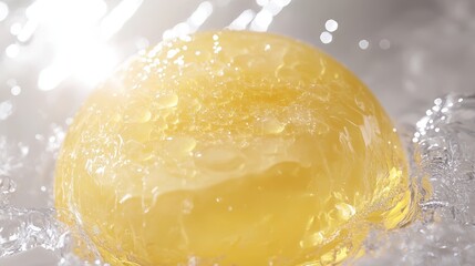 Bright yellow perfume bottle with droplets in sunlight