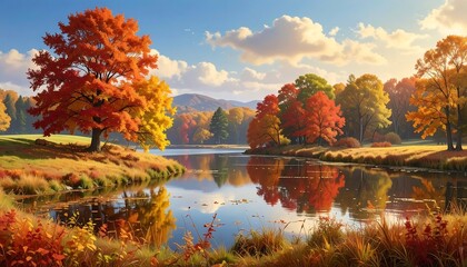 A serene autumn scene with a reflective lake surrounded by colorful trees. The sky is bright blue with fluffy clouds