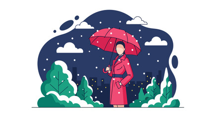 Flat vector of woman holding umbrella while snow falls in city street, calm winter night with warm street lights