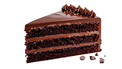 Decadent chocolate layer cake slice with frosting and chocolate chips