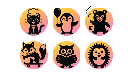 Obraz premium Vector art of Six cute cartoon animals in colorful circles a cat, a penguin, a bear, a fox, an owl, and a hedgehog