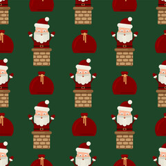 Seamless pattern with Santa and a sack of gifts. Minimalist, flat style. Festive vector illustration.