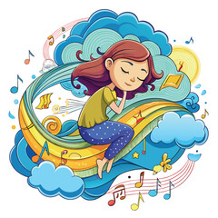 Dreaming girl on a colorful rainbow with musical notes around