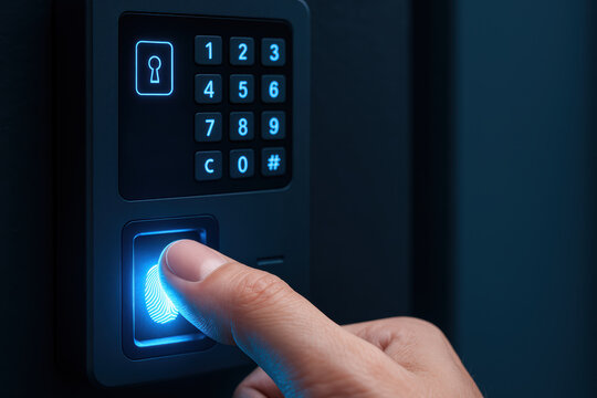 Secure access control using fingerprint recognition on a modern keypad lock system with illuminated blue indicators
