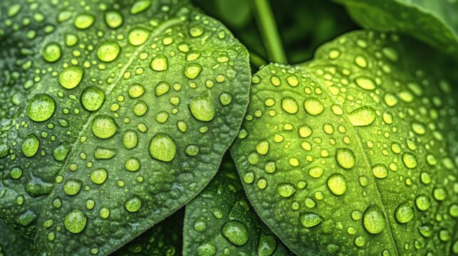 Close up of wet green leaves with water droplets