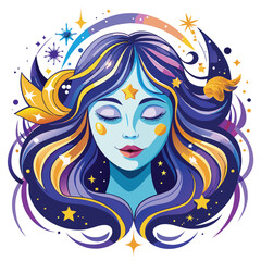 Celestial Woman with Stars and Crescent Moon Vector Illustration Art